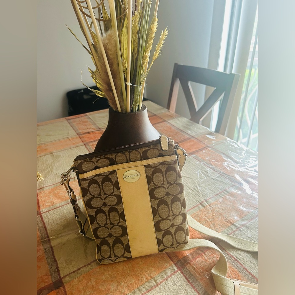 Coach Signature Brown and Cream Shoulder Bag